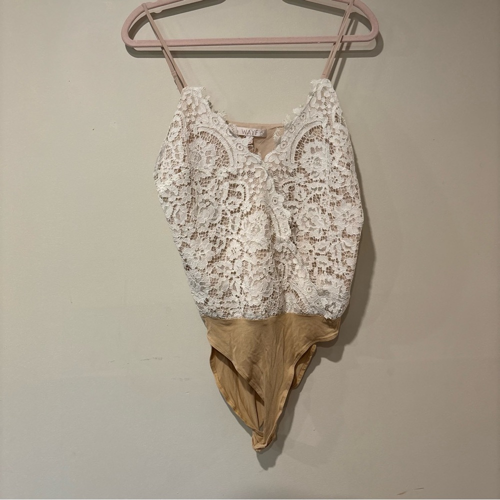 Wayf Lace Overlay Bodysuit in Cream and Tan